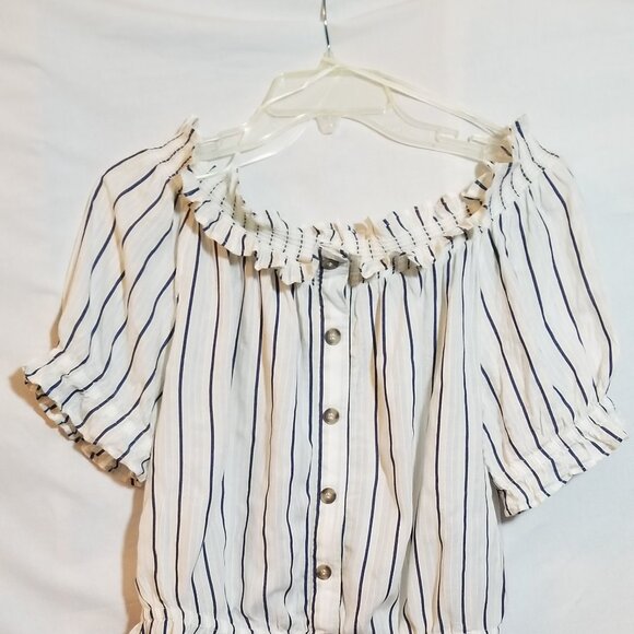 H&M Ladies Smocked-Waist Top White with Vertical Blue Stripes. Size 6. - Picture 1 of 1